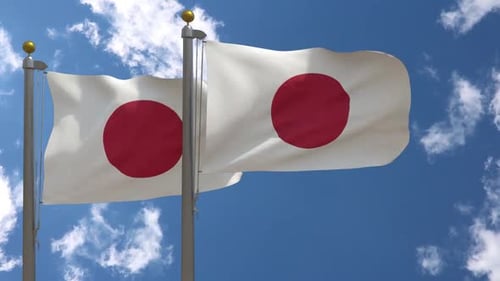 Two Japanese Flags Waving in Blue Sky