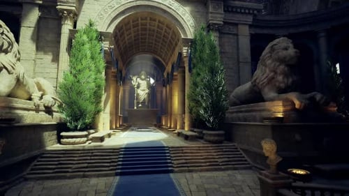 Panorama diurne saisissant mis en valeur par des lions jumeaux et des plantes luxuriantes