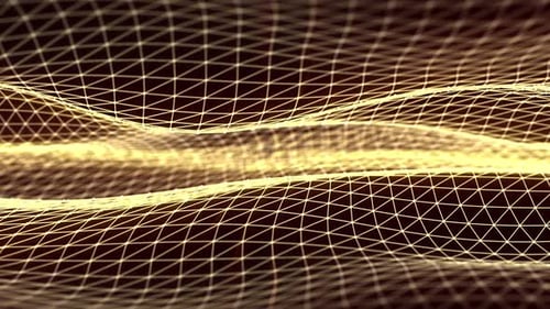 Schleifenanimation goldener Drahtgitterwellen, die sanft auf dunklem Hintergrund schweben