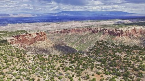 Drone flyover of a canyon at Colorado National Monument Park in Palisades, Colorado.