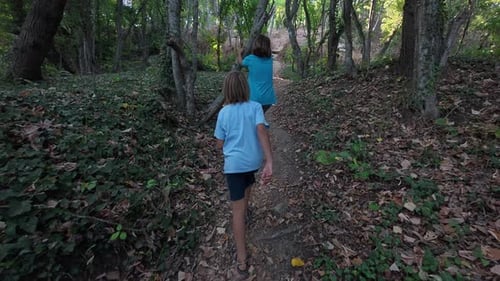 Two Children Walking Along a Forest Trail Surrounded By Trees and Greenery Peaceful Outdoor Hike