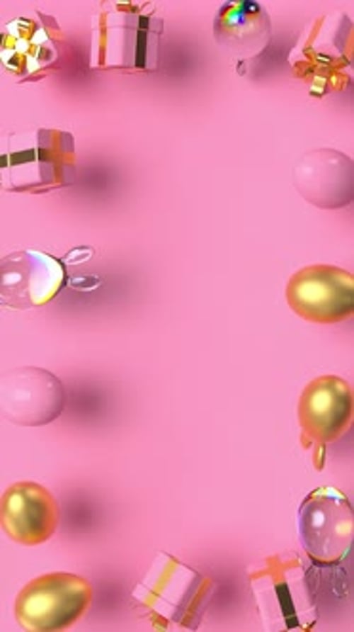 Pink Easter Frame with Golden Eggs and Shiny Rabbits