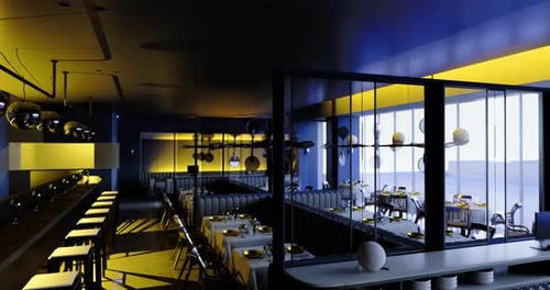 Modern Restaurant Interior with Stylish Decor and Ambient Lighting at Dusk