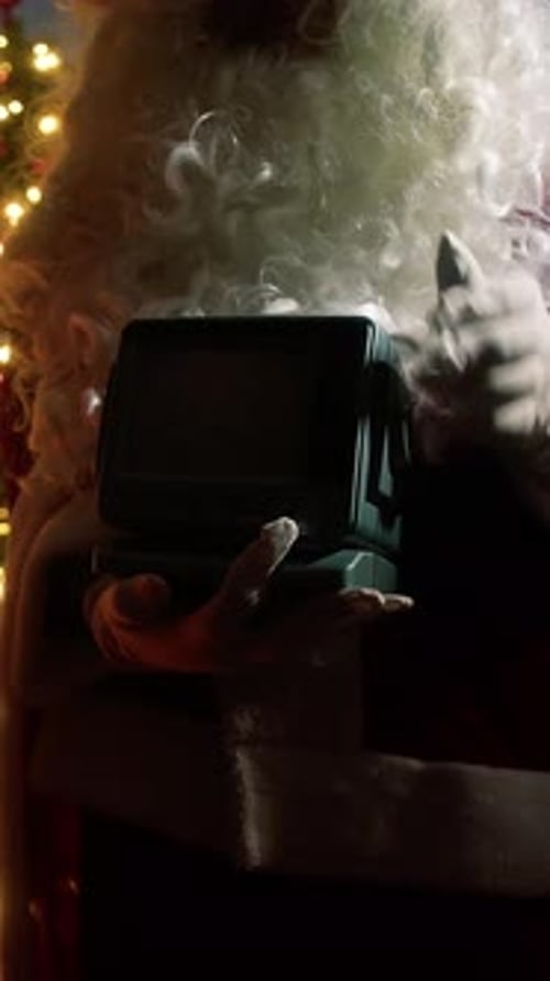 Santa Claus Turns On Vintage Television Static Signal Noise And Christmas Tree