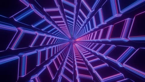 Abstract Neon Geometric Tunnel with Glowing Blue and Pink Lights in Seamless Loop.
