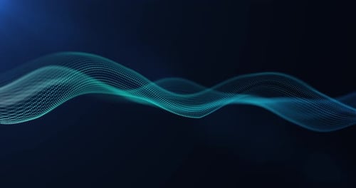 Abstract glowing wave from of particles and dots moves on a blue background