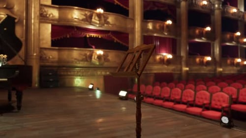 Grand Theater Stage with Ornate Interior and Empty Red Seats