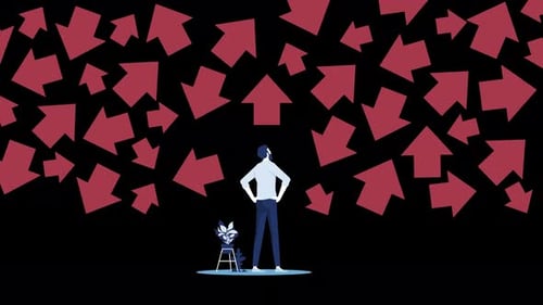 man looking at arrows not knowing what decision to make animation 4k on alpha channel