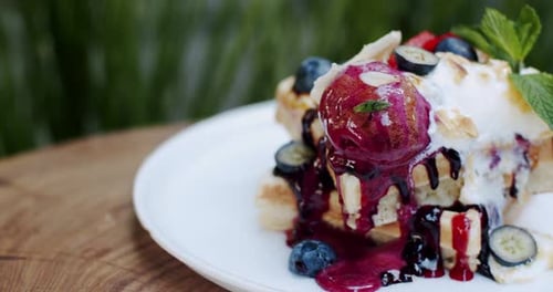 Waffles with Berries and Ice Cream on Plate