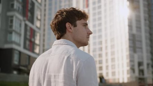 Back View From Behind Serious Caucasian Business Man Going Walking in City Downtown Urban