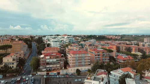 City of Rome Italy Vatican St. Peter the Apostle Square train tracks aerial view drone side flight