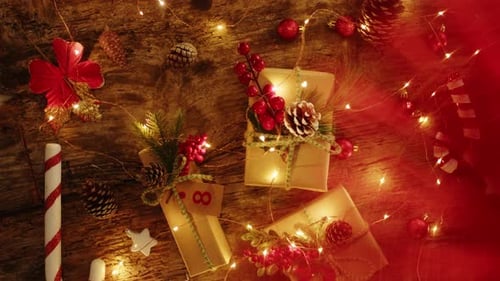 Christmas Presents and Decorations on Wood Table