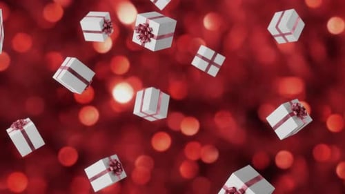 Falling White Gift Boxes With Red Ribbons On Bokeh Background