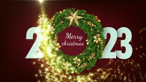 Red Merry Christmas . Happy New Year Greeting Card 2023