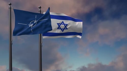NATO and Israel Flags Waving in Cloudy Sky