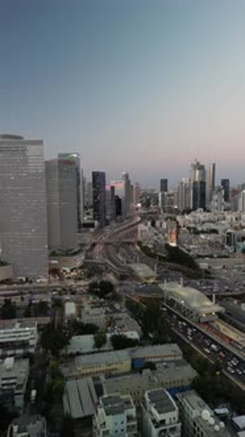 Aerial video of skyscrapers in Tel Aviv at sunset Israel