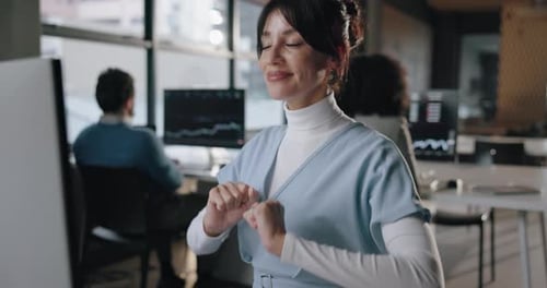 Business woman, smile and stretching at computer for trading success, market close or productivity