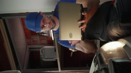 Vertical Video A Mechanic Wearing a Blue Shirt and a Blue Cap Inspects a Car Using a Laptop He is