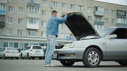 Young Man Investigates Car Engine in Residential Area Outdoors Male Individual Assesses Vehicle