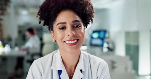 Science, laboratory and face of happy black woman for medical analysis, research or biotechnology