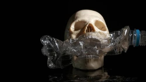 Skull with Plastic Bottle Rotation on Black Background