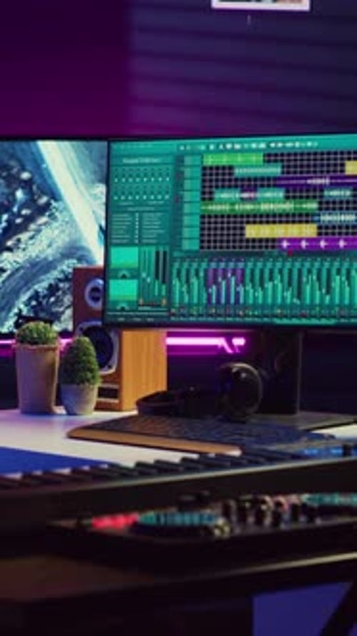 Music studio at night with monitor
