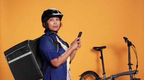 Woman with Bicycle and Phone, Food Delivery