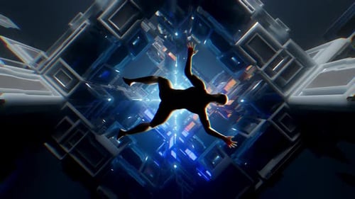 Futuristic Digital Tunnel Journey Loop with Floating Humanoid