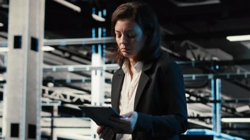 Automation Tablet and Engineer Walking in Data Center