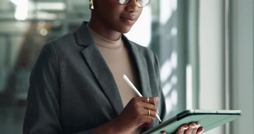 Pen, tablet and business black woman in office thinking for website, research and online project
