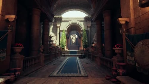 Marble Hallway Illuminated By Golden Light with Statues and Plants
