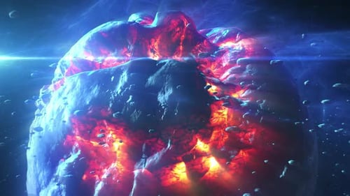 Planeta destruido en el espacio profundo con asteroides y llamaradas solares