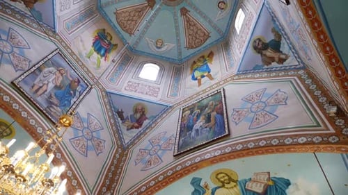 10. Interior, architecture of the Orthodox church with painting, iconostasis and panikadylo.