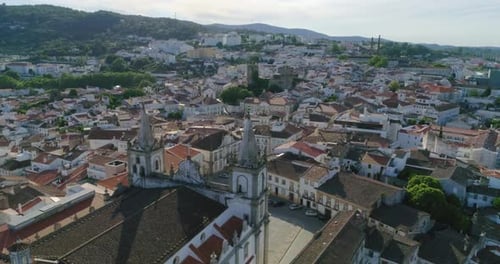 Aerial establishing shot of Scenic Portalegre old city center, Alentejo. Portugal