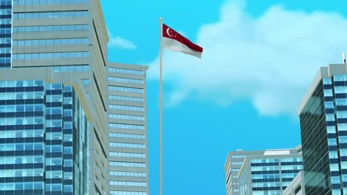 Singapore National Flag Waving in City Skyline 3D Animation