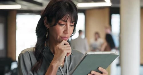 Thinking, media agency and woman in office, tablet and planning for publication