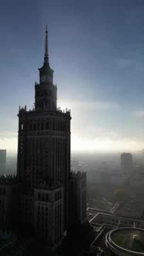 Aerial view of a clock tower of Palace of Culture and Science in Warsaw, Poland