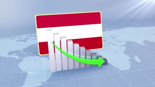 Austria Flag With Decrease Bar Chart Graph And Arrow Green