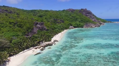 Aerial view of beautiful Seychelles. La Digue tropical island on a beautiful day