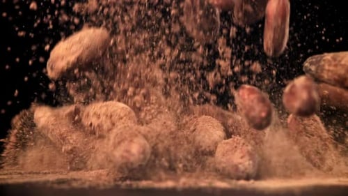 Cocoa Beans Fall on the Table Filmed on a Highspeed Camera at 1000 Fps