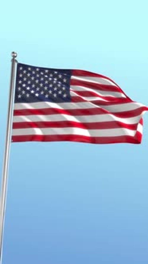 Realistic 3D American Flag Waving on Flagpole Against Blue Sky
