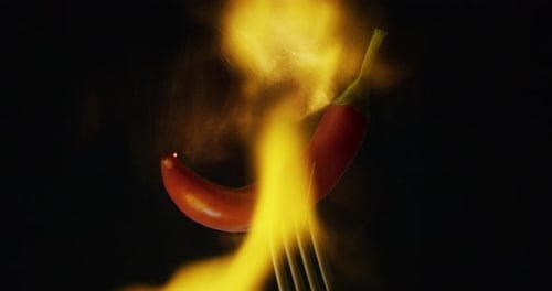 Close up of a red chili pepper holded by a fork with the fire in the background. Concept: Chili, s
