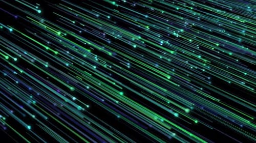 Flickering dots or glowing flying lines. Animation in loop high speed flying 3d lines background.