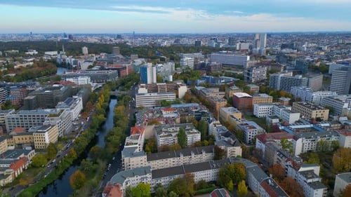 Berlin cityscape with Spree river, Tv Tower. Stunning aerial view flight drone