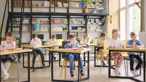 Children Studying at Desks in a Classroom