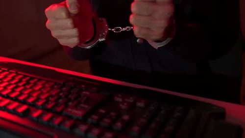 Hands Cuffed Above Keyboard in Dark Setting