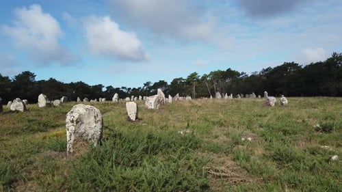 panoramic view from right to left of the Carnac alignments in Bretagne. Video in 4K.