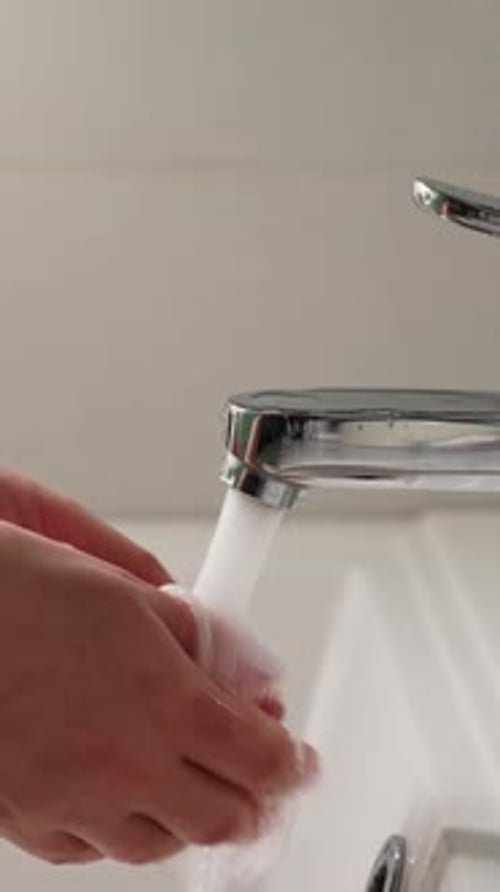 Hands Washing Under Running Water in Bathroom Sink