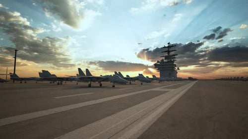 Fighter Jets on Aircraft Carrier with Drone at Sunset