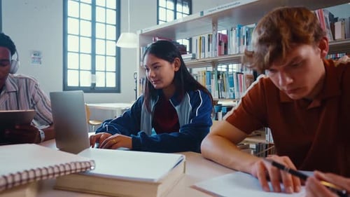 Multiethnic students learning in a school library
